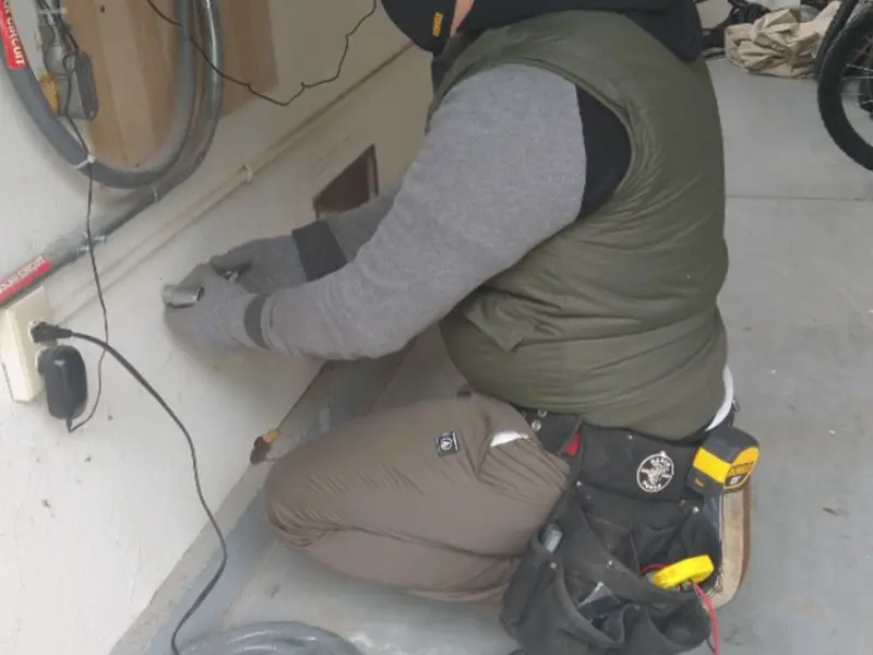 Electrician performing outlet wiring in a Pineville garage